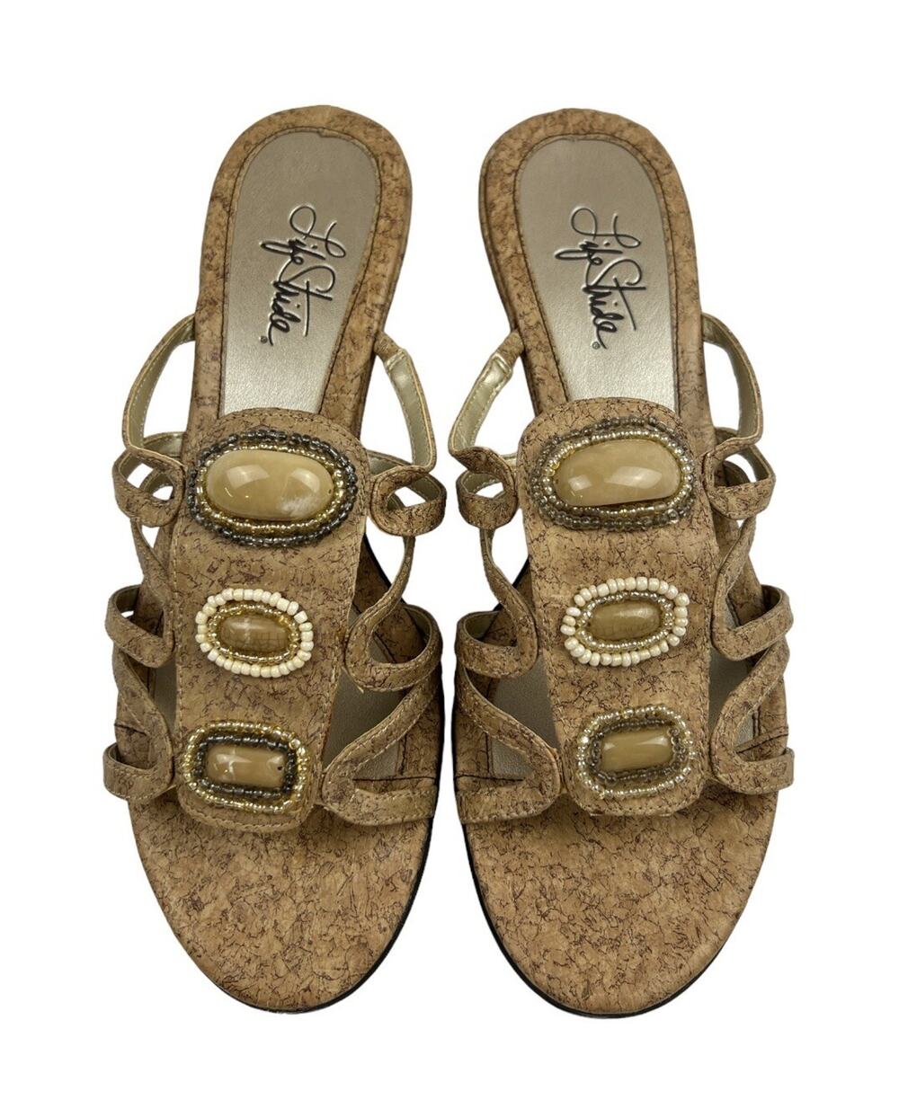 Life Stride Sandals Womens 9.5 Beige Urban Cork Wedge Strappy Slide
